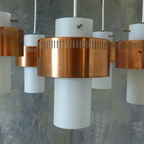 Scandinavian Ceiling Lamp Made Of Copper And Opal Glass. 1950   1960 photo vintage
