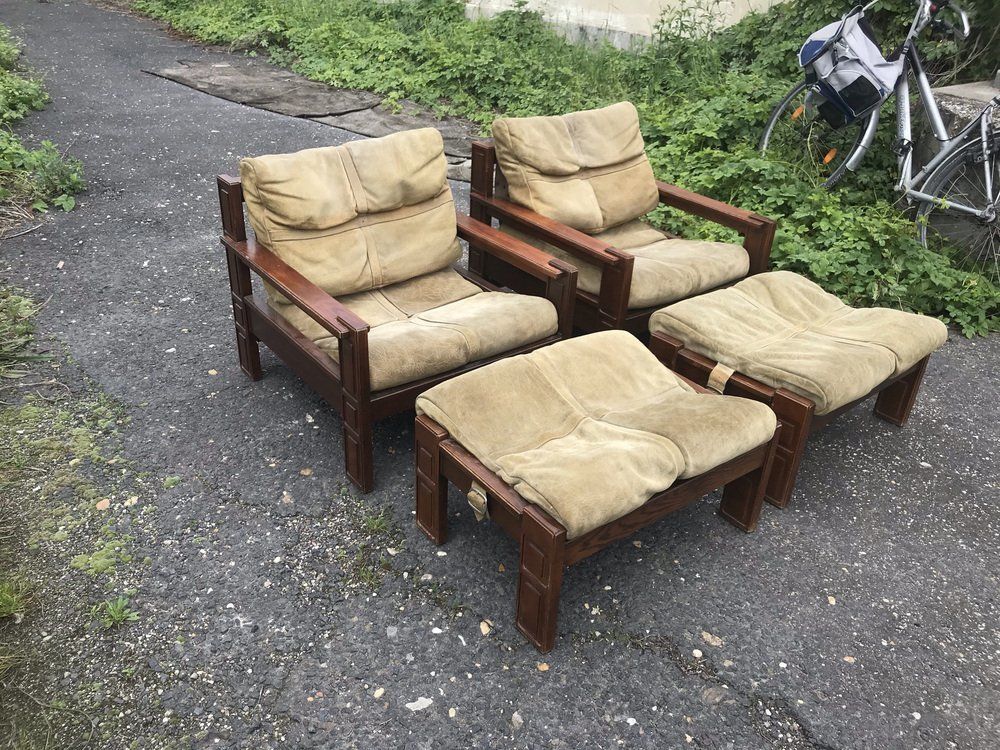 Wood & Leather Armchairs With Pouf, Set Of 4 photo for sale