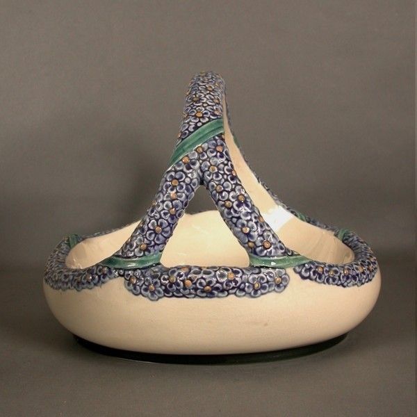 Majolika Karlsruhe. Pottery Basket With Handle. Heinze Art Noue photo vintage