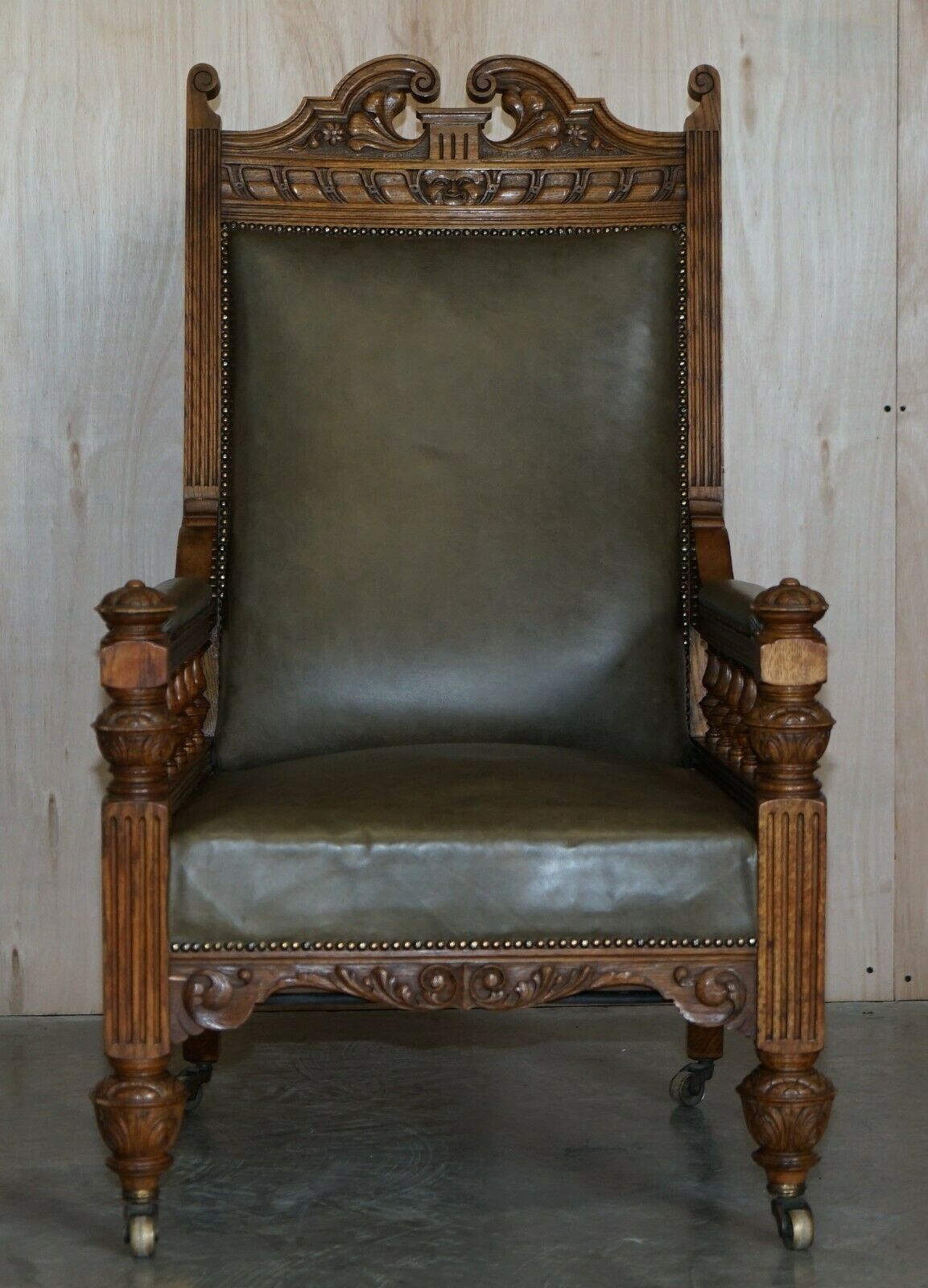 Antique Pair Of Ornately Carved Oak Framed Leather Victorian Throne Armchairs photo for sale