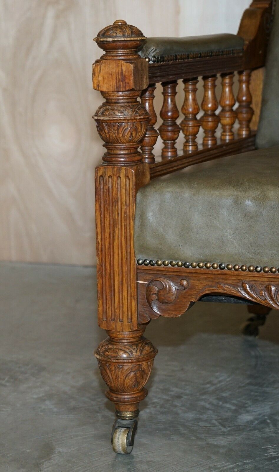 Antique Pair Of Ornately Carved Oak Framed Leather Victorian Throne Armchairs photo buy