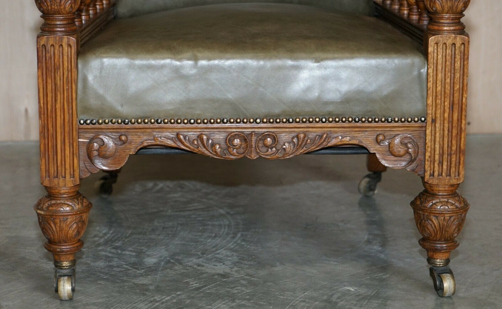 photo for sale Antique Pair Of Ornately Carved Oak Framed Leather Victorian Throne Armchairs
