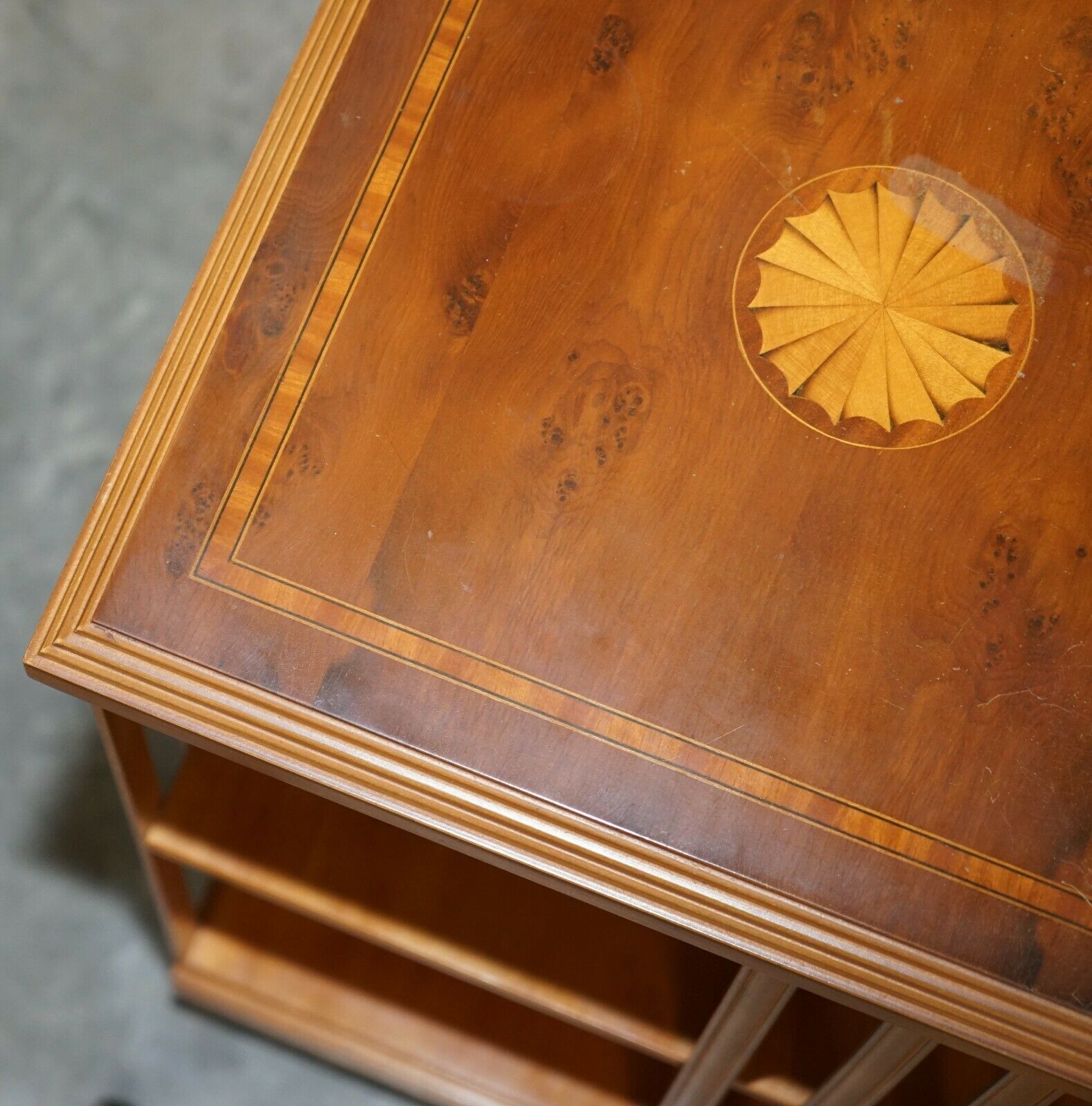 photo furniture Lovely Sheraton Revival Burr Yew & Satinwood Revolving Bookcase Side End Table
