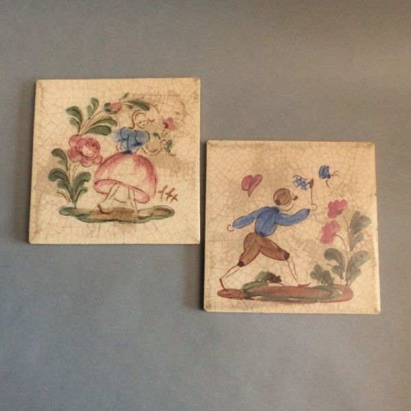 Hand Painted Tiles, 1940s, Vintage