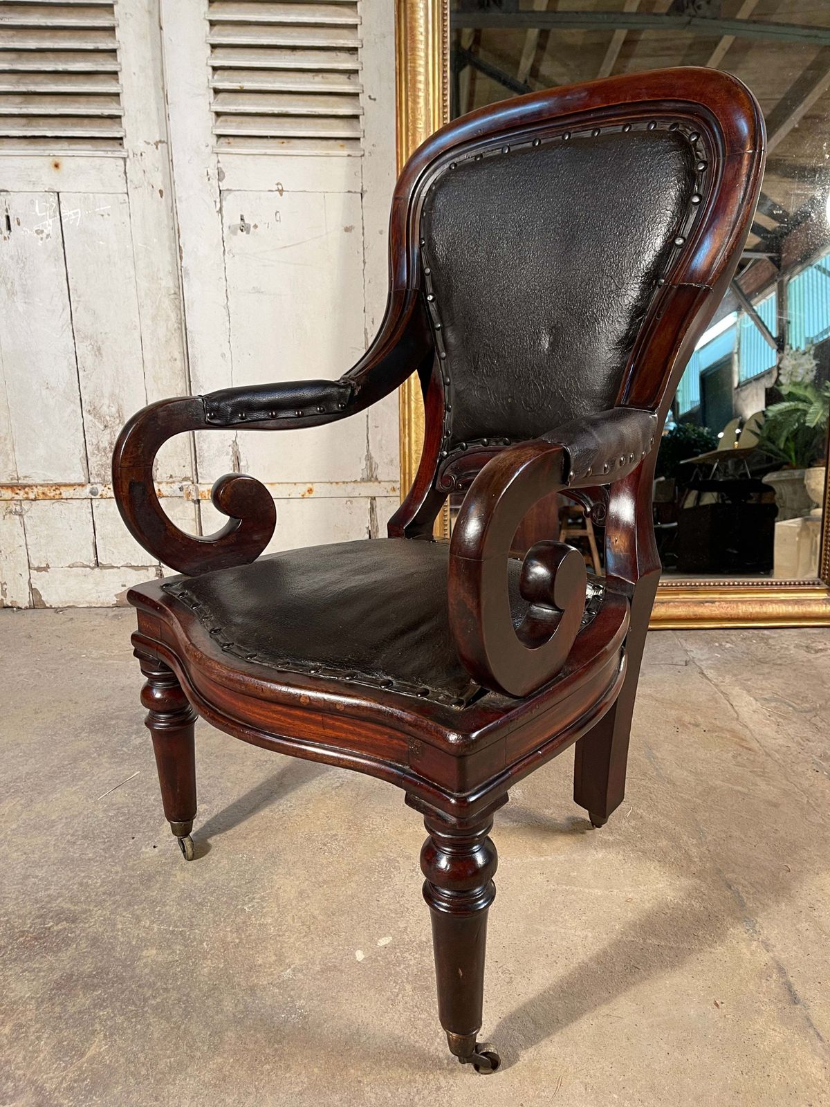 Antique English Leather & Mahogany Clerks Desk Chair Circa 1830 photo for sale