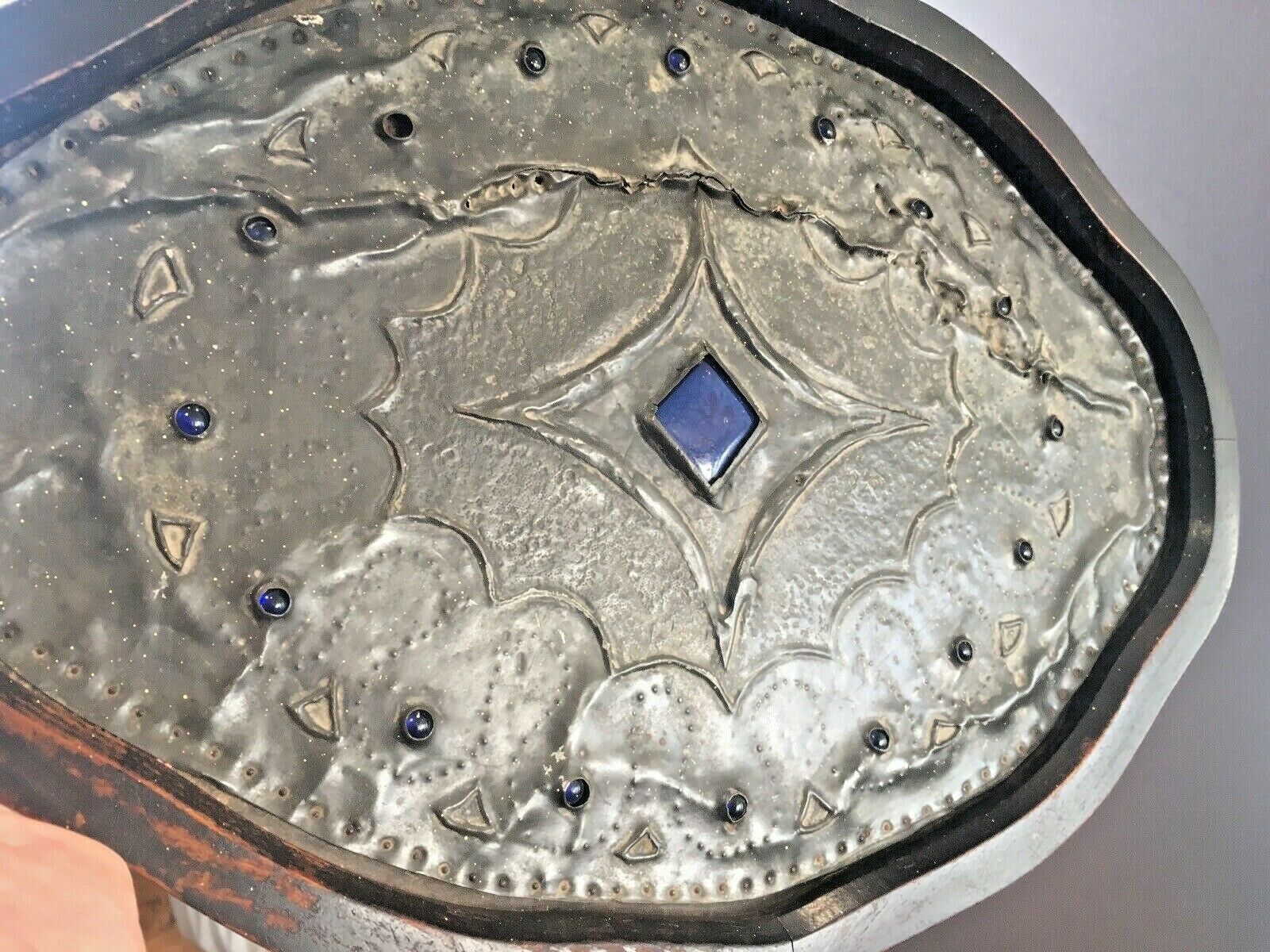 Arts & Crafts Hammered Pewter Cabochon Jewelled Wooden Tray Liberty Ruskin Style photo vinterior