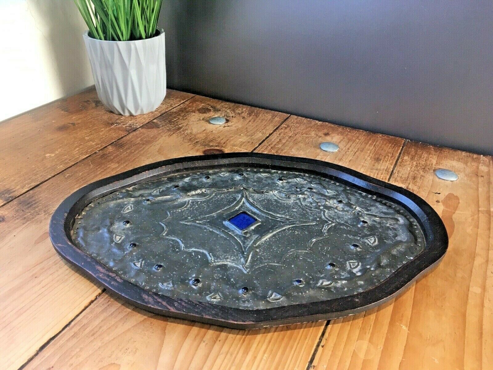 65.0 Arts & Crafts Hammered Pewter Cabochon Jewelled Wooden Tray Liberty Ruskin Style photo