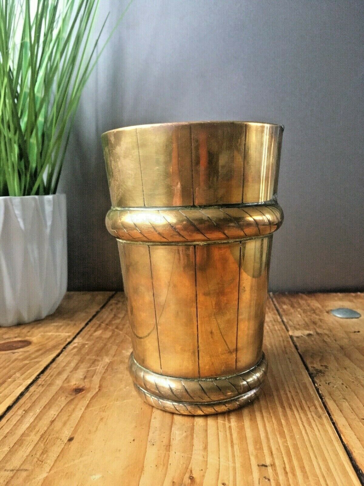 Antique Vintage Brass Beaker Clover Flower Plant Pot Cachepot Barrel Rope Twist photo buy