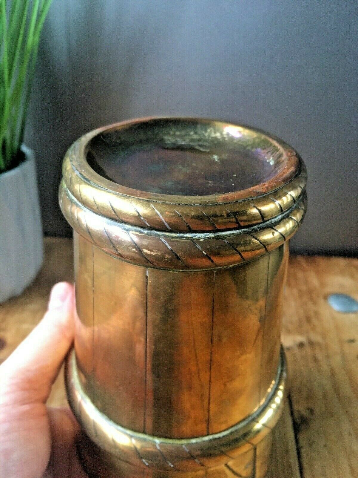 photo for sale Antique Vintage Brass Beaker Clover Flower Plant Pot Cachepot Barrel Rope Twist