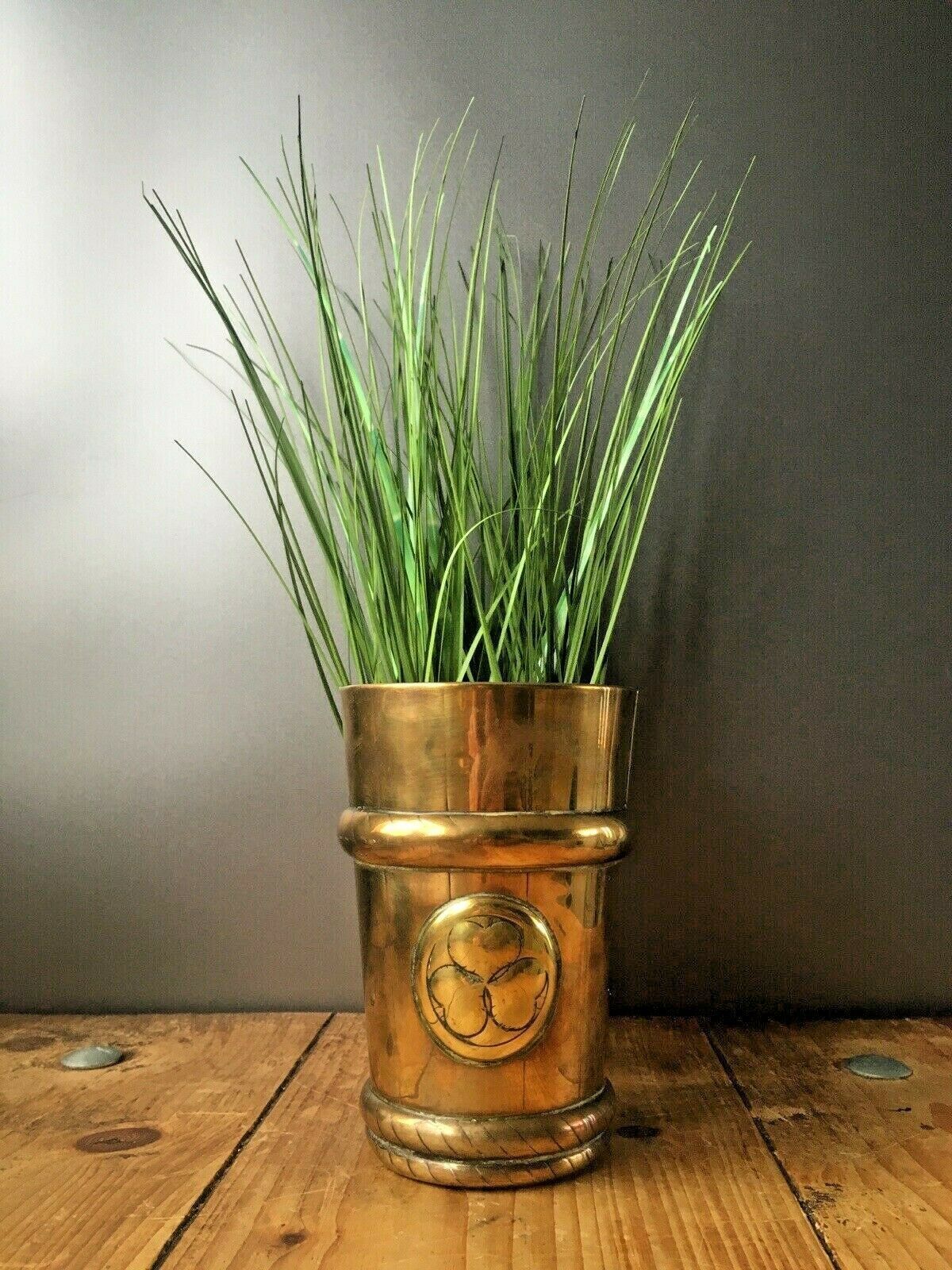 Home Decor Antique Vintage Brass Beaker Clover Flower Plant Pot Cachepot Barrel Rope Twist photo
