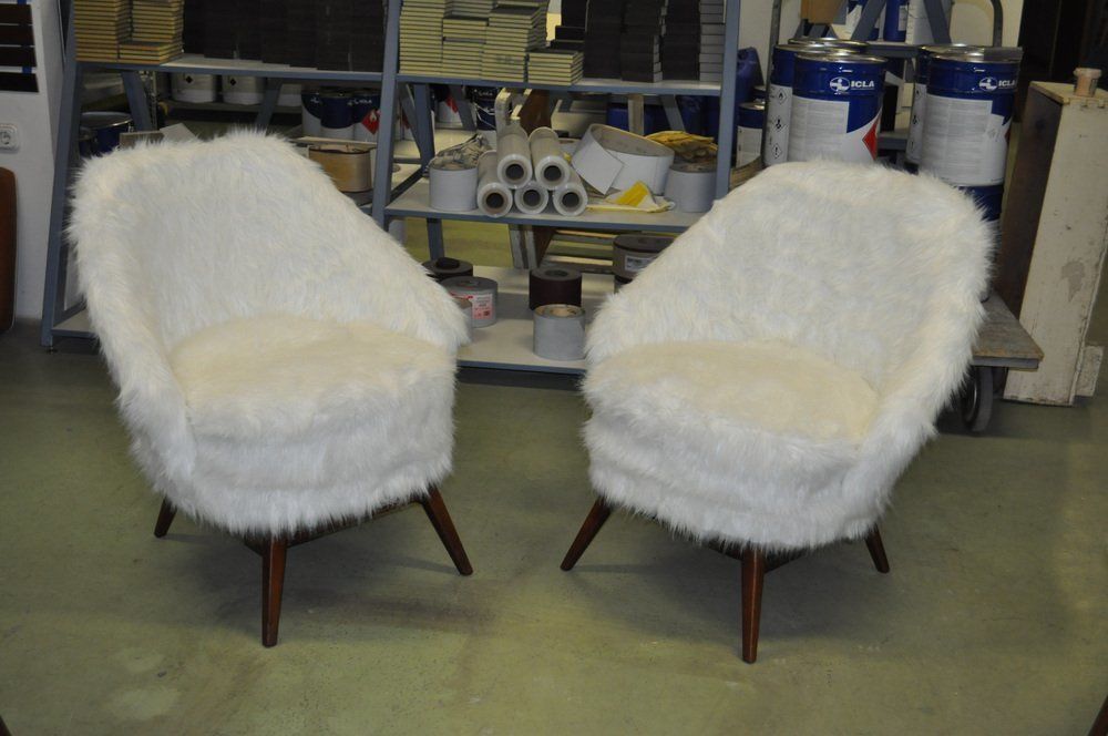 Mid Century White Faux Fur Lounge Chair, 1950s Set Of 2
