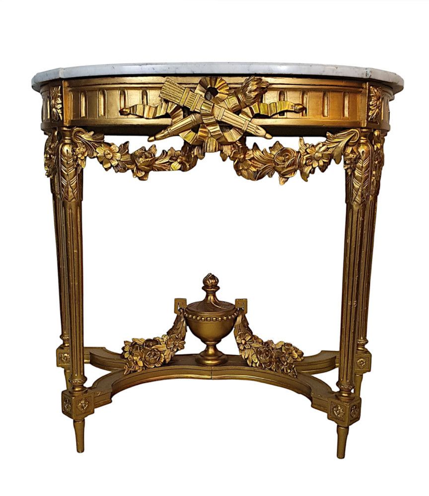 A Fine 19th Century Carrara White Marble Top Giltwood Console Table photo for sale