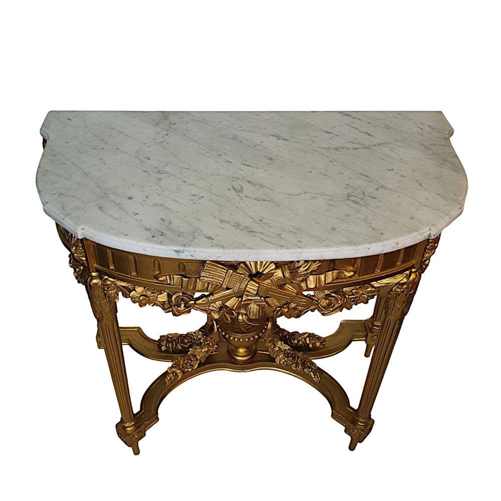 A Fine 19th Century Carrara White Marble Top Giltwood Console Table photo vinterior