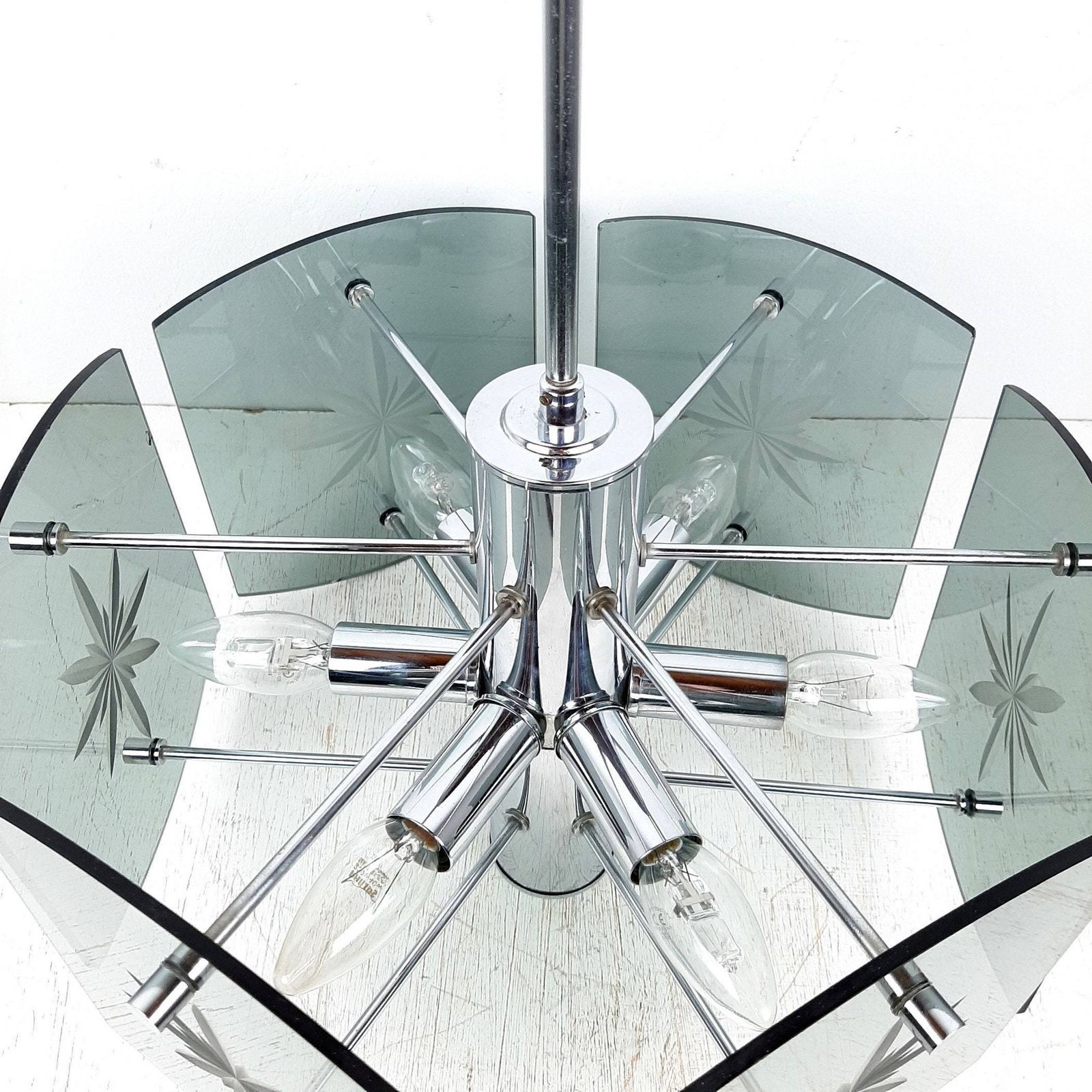 Glazen Hanglamp Emi Poljcane Joegoslavië Jaren '70 – Rookglas Mid Century In De Stijl Van Fontana Arte Veca photo vintage