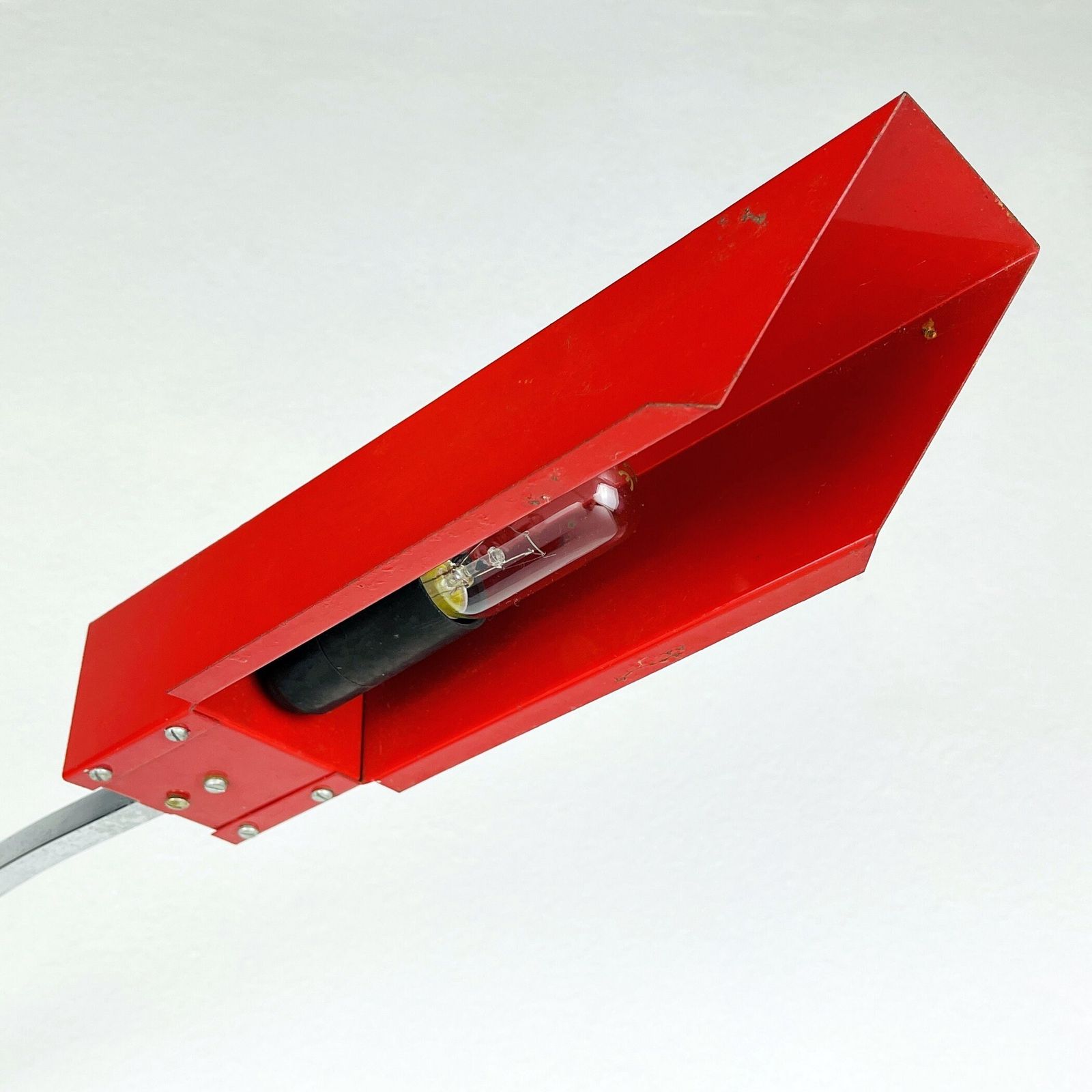 Mid Century Red Metal Desk Lamp Emi Poljcane Yugoslavia 1970s Vintage Industrial Loft Office Table Lamp photo for sale