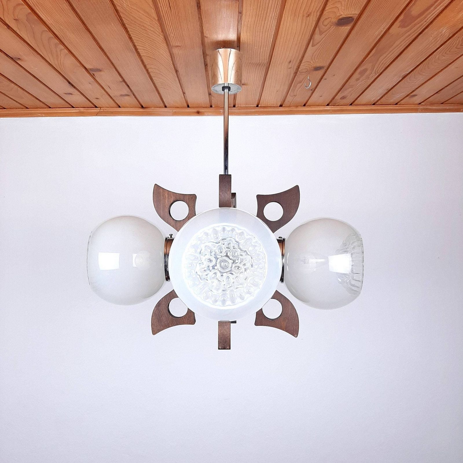 Mid Century Design Mazzega Murano Glass Pendant Lamp 70s Yugoslavia Space Age White Murano Art Glass Bowls photo 240.0