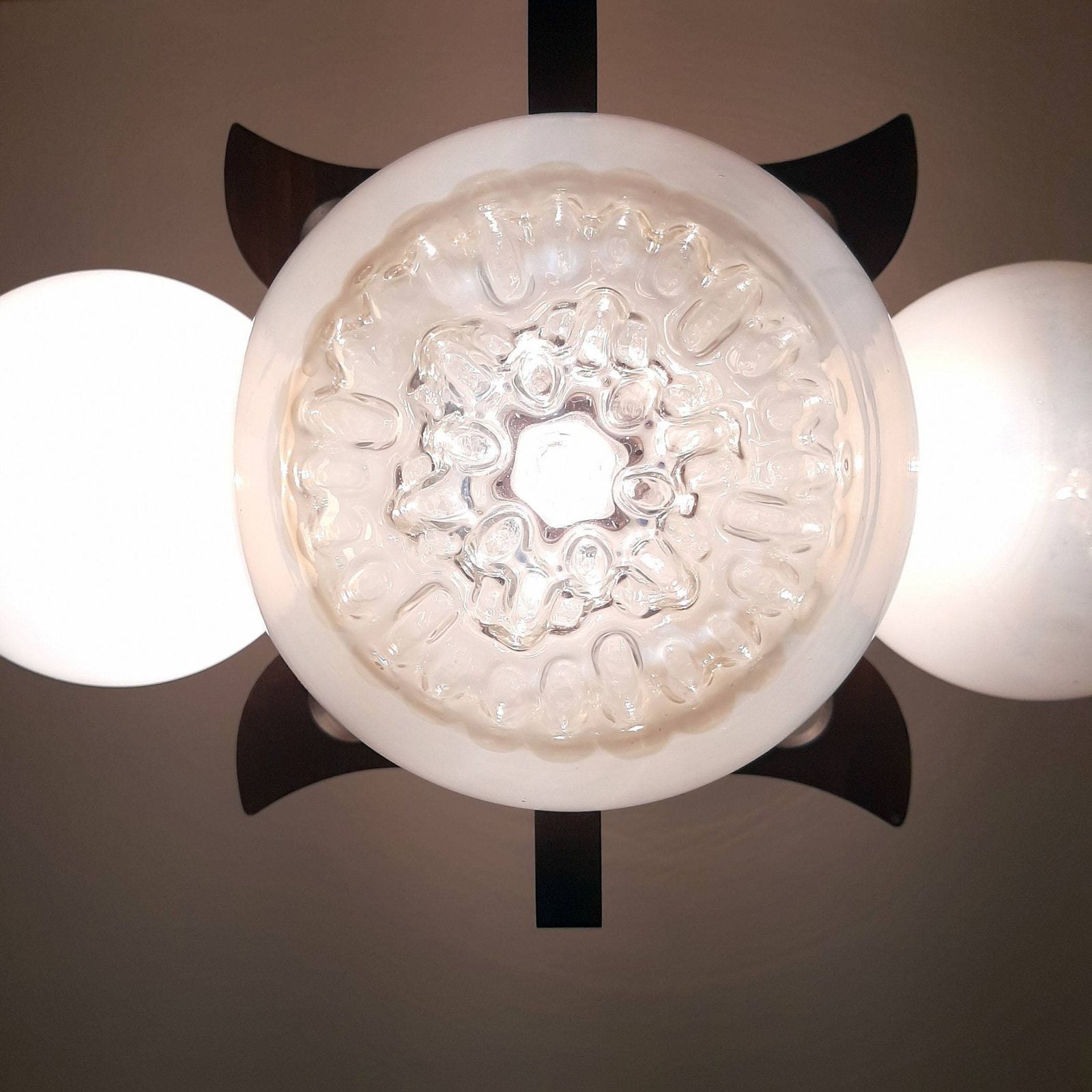 Mid Century Design Mazzega Murano Glass Pendant Lamp 70s Yugoslavia Space Age White Murano Art Glass Bowls photo vinterior