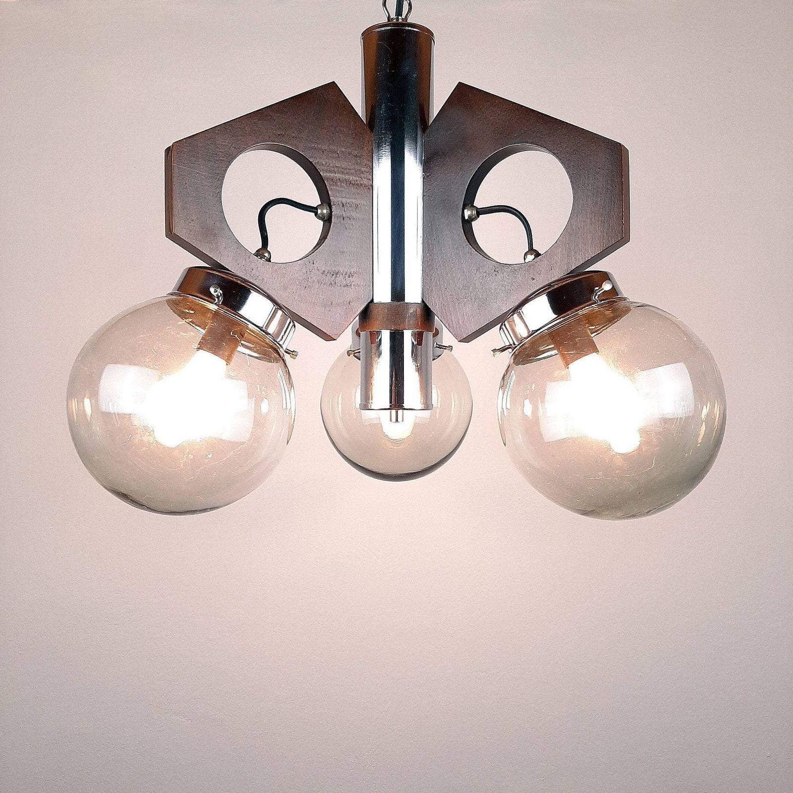 Mid Century Pendant Lamp Yugoslavia 70s Wood Glass Metal Geometric Chandelier Three Bulbs Chandelier Smoky Glass Space Age