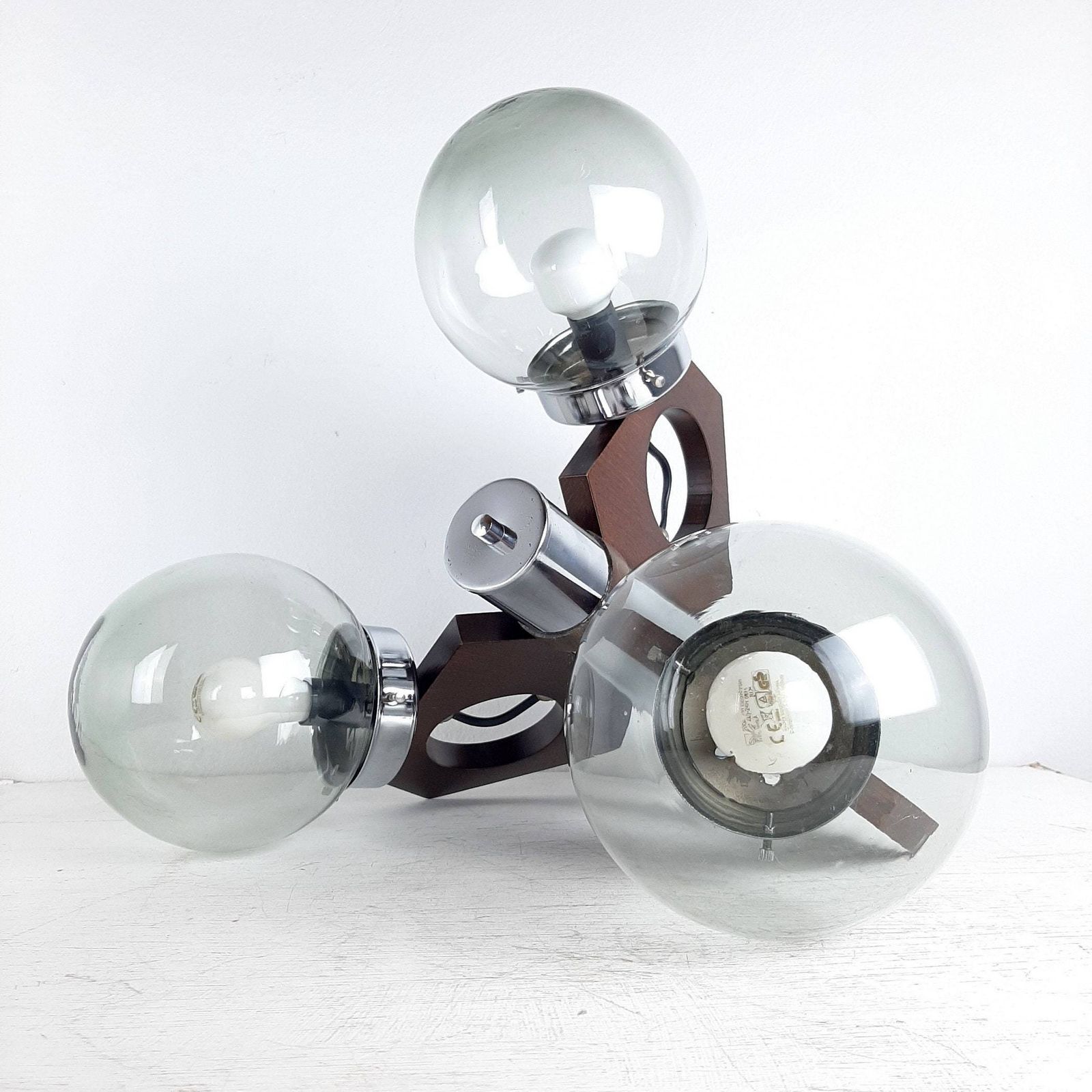 Mid Century Pendant Lamp Yugoslavia 70s Wood Glass Metal Geometric Chandelier Three Bulbs Chandelier Smoky Glass Space Age photo for sale
