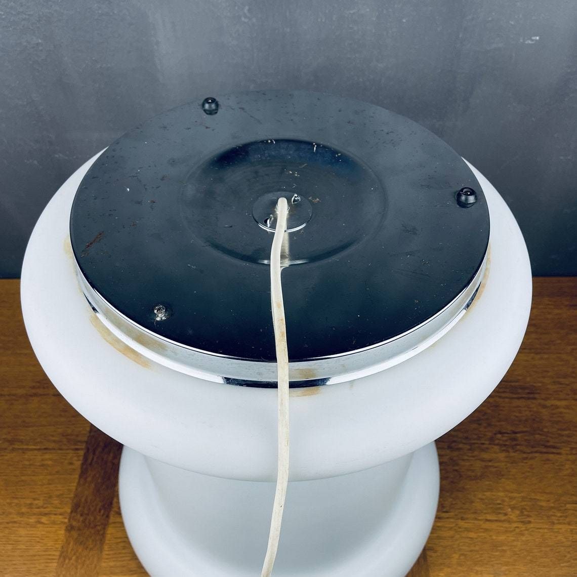 photo for sale Mid Century Floor Lamp White Glass Italy 1970s Space Age Vintage Bedside Lamp Cylinder