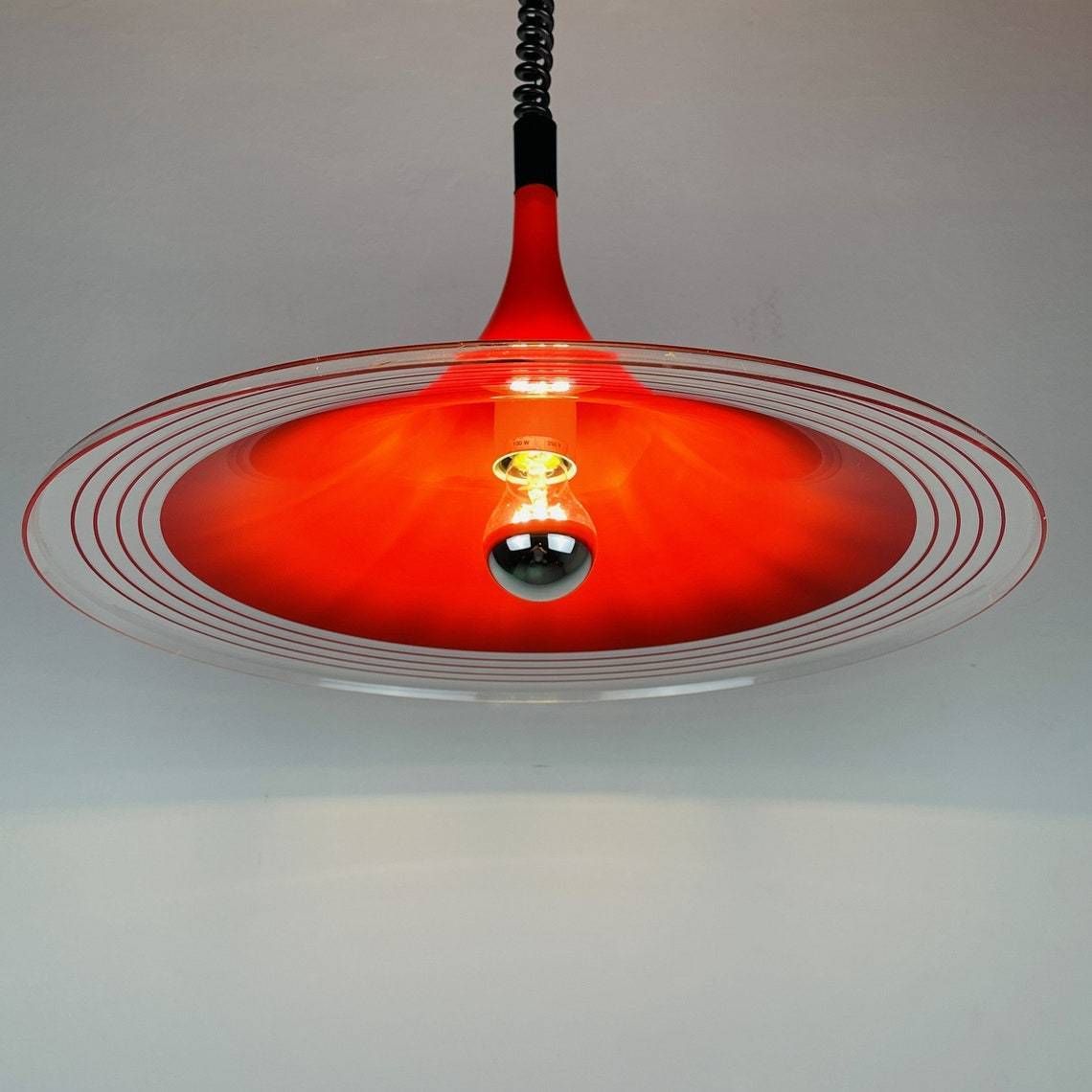 Mid Century Red Plastic Pendant Lamp Albatros Meblo Yugoslavia 1970s Space Age Atomic photo furniture