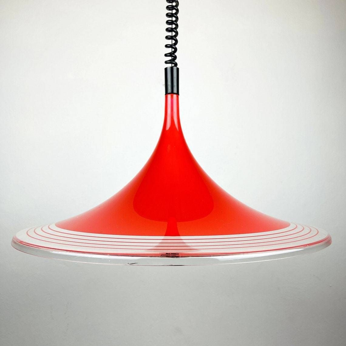 Mid Century Red Plastic Pendant Lamp Albatros Meblo Yugoslavia 1970s Space Age Atomic photo Lighting