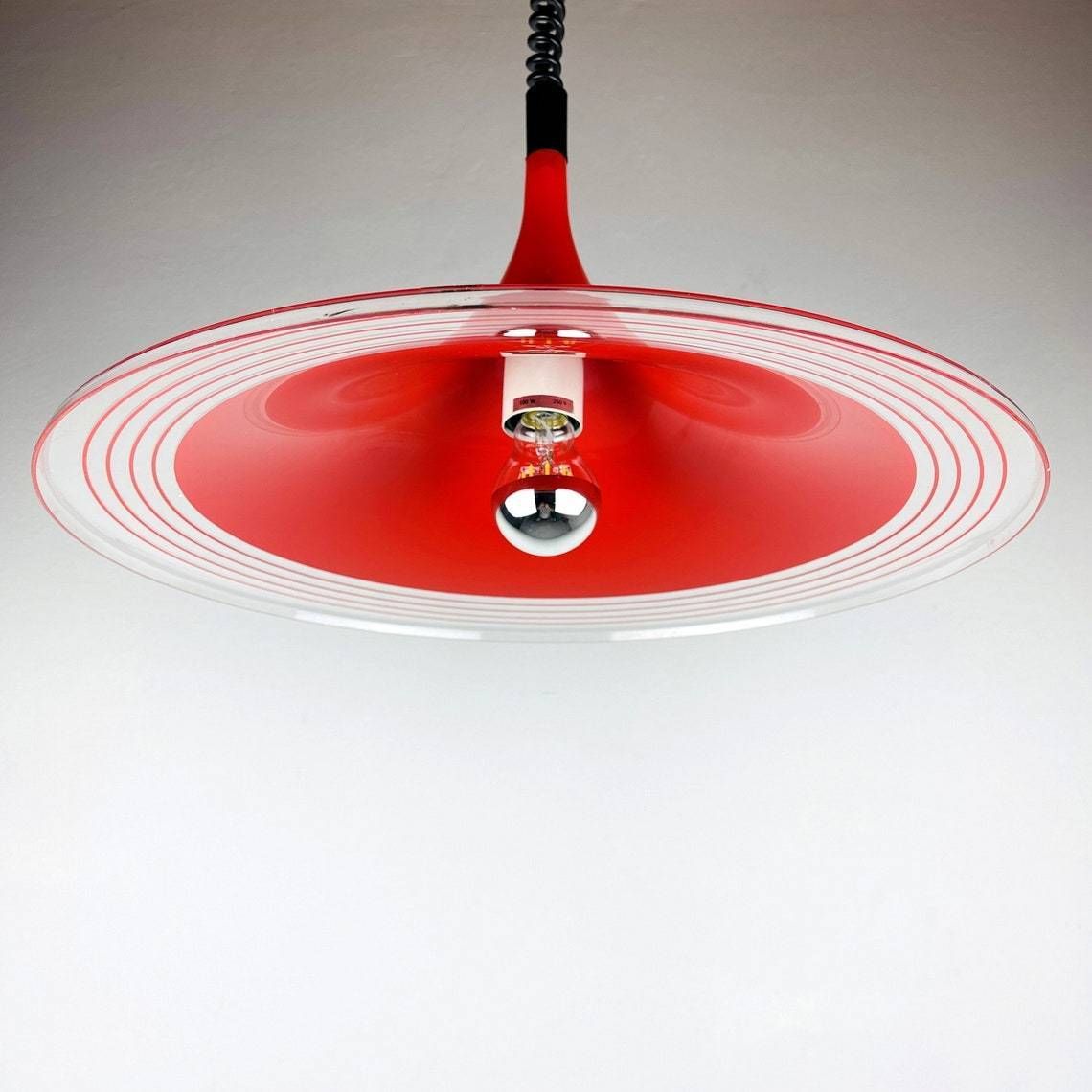 Mid Century Red Plastic Pendant Lamp Albatros Meblo Yugoslavia 1970s Space Age Atomic photo vinterior
