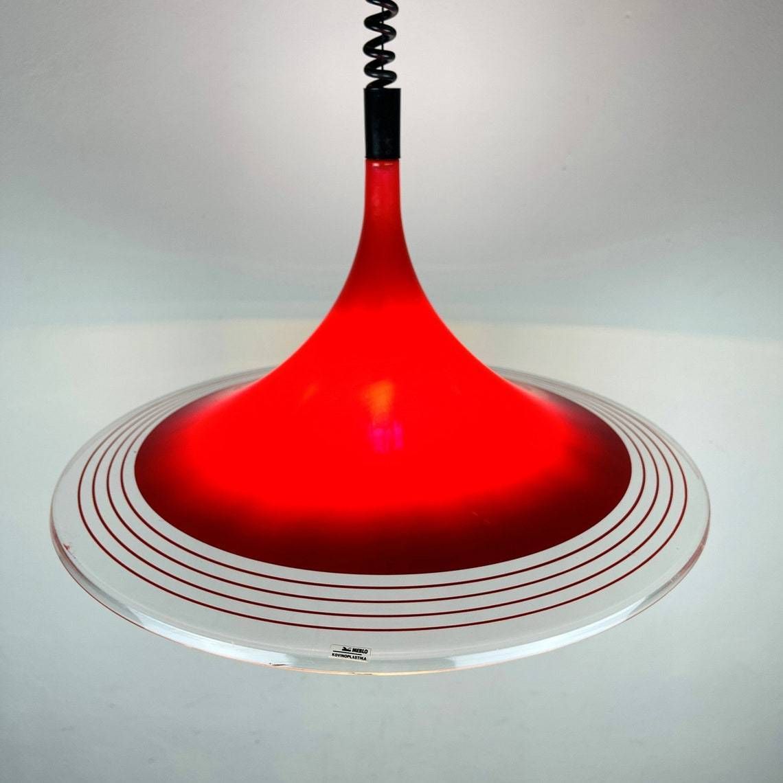 Mid Century Red Plastic Pendant Lamp Albatros Meblo Yugoslavia 1970s Space Age Atomic photo buy
