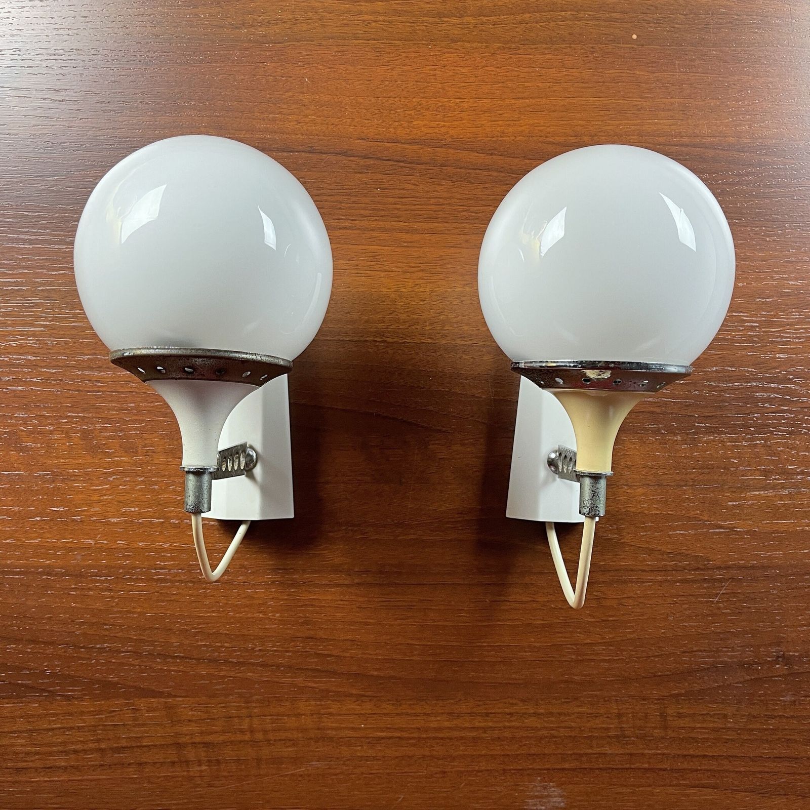 photo for sale Pair Of Mid Century White Sconces Targetti Sankey Italy 1960s Retro Wall Lamps Space Age