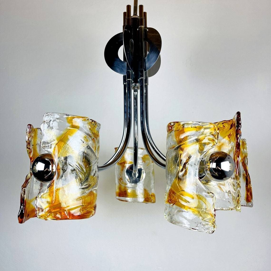 Mid Century Amber Murano Chrome Chandelier Mazzega By Toni Zuccheri Italy 1970s Space Age Sputnik Atomic Design photo buy