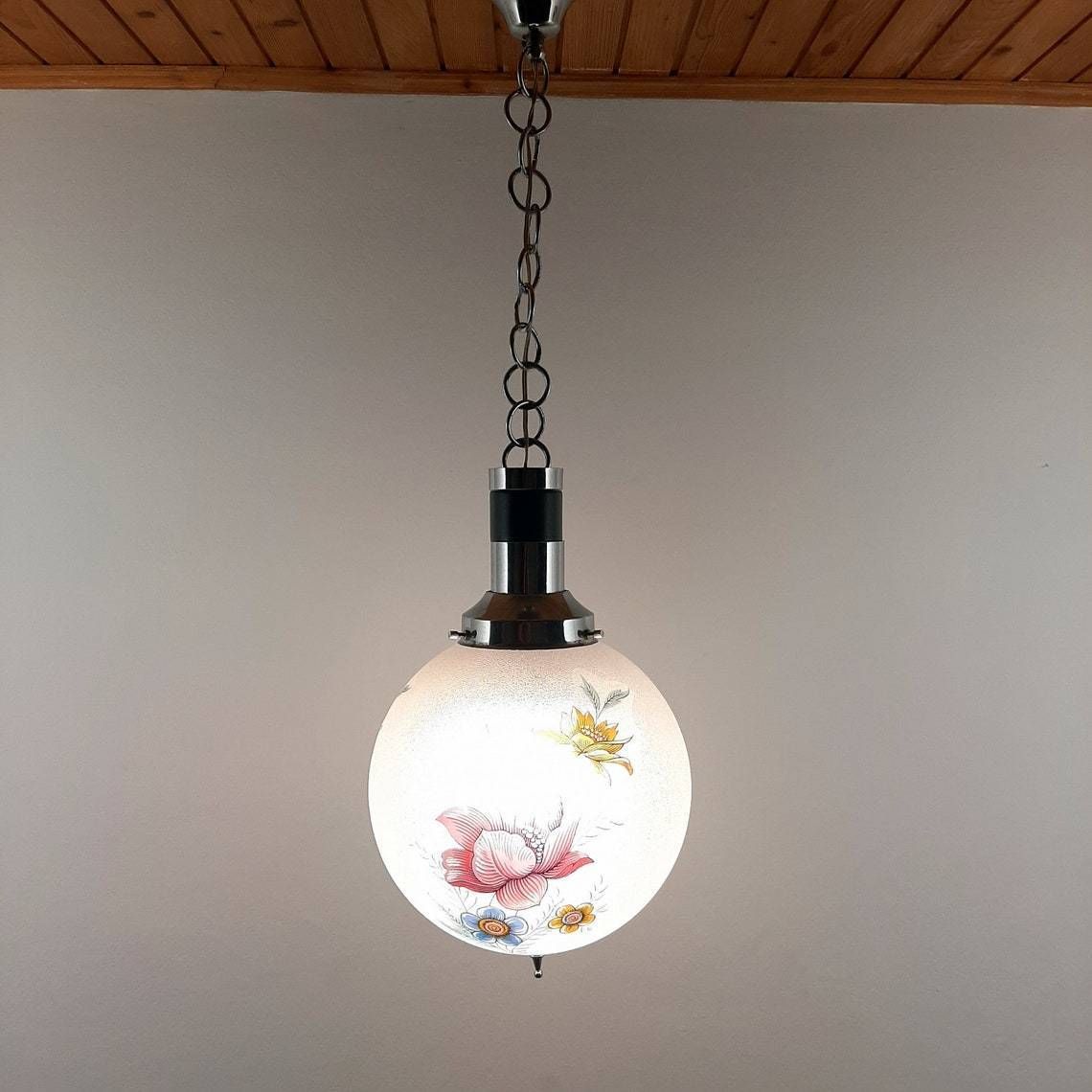 Vintage Glazen Hanglamp Met Bloemenmotief – Italië, Ca. Jaren 1960 – Retro, Art Deco, Landelijk, Mid Century Verlichting photo for sale