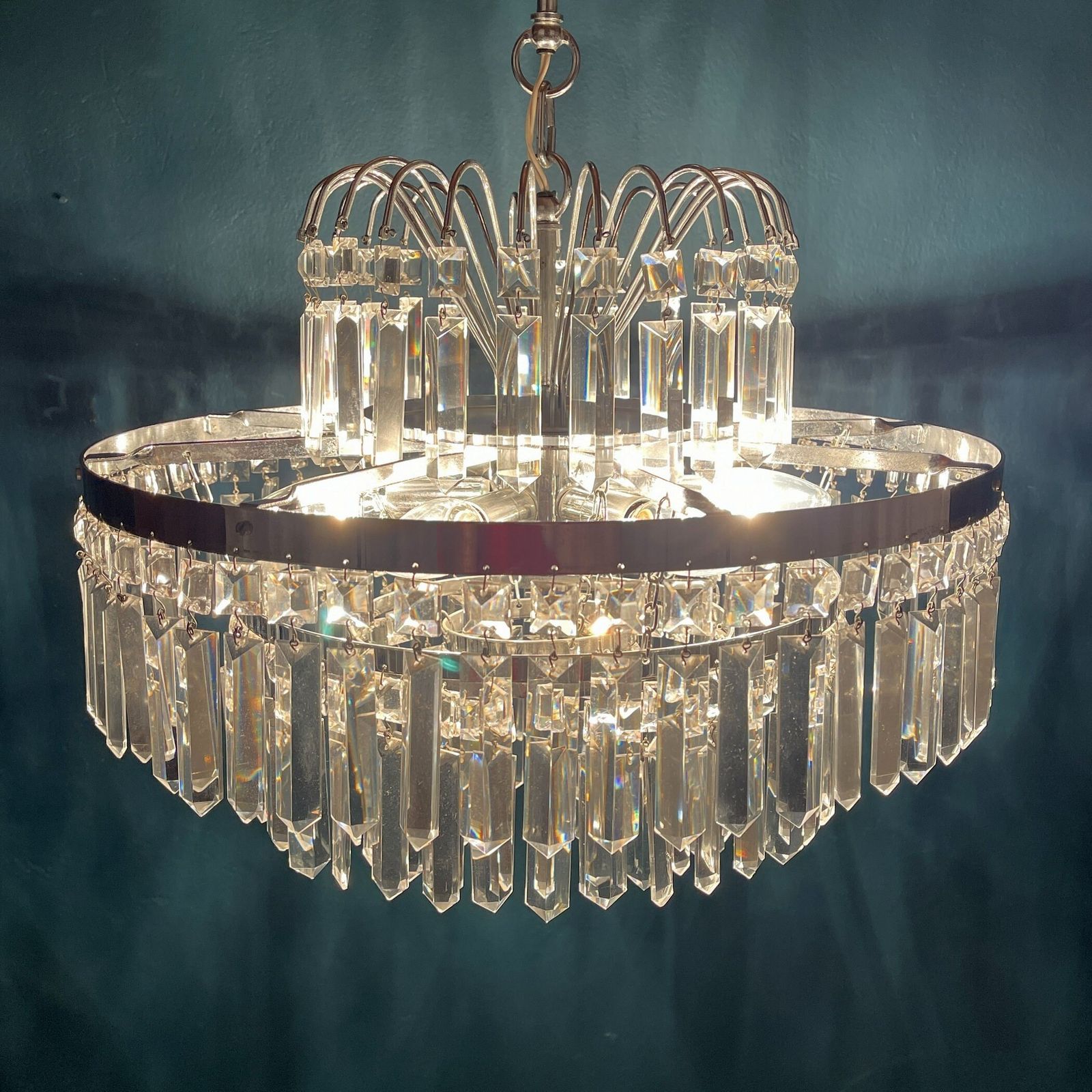 Vintage Large Crystal Chandelier Sijaj Hrastnik Yugoslavia 1970s Mcm Mid Century Lighting Retro Home Decor photo for sale