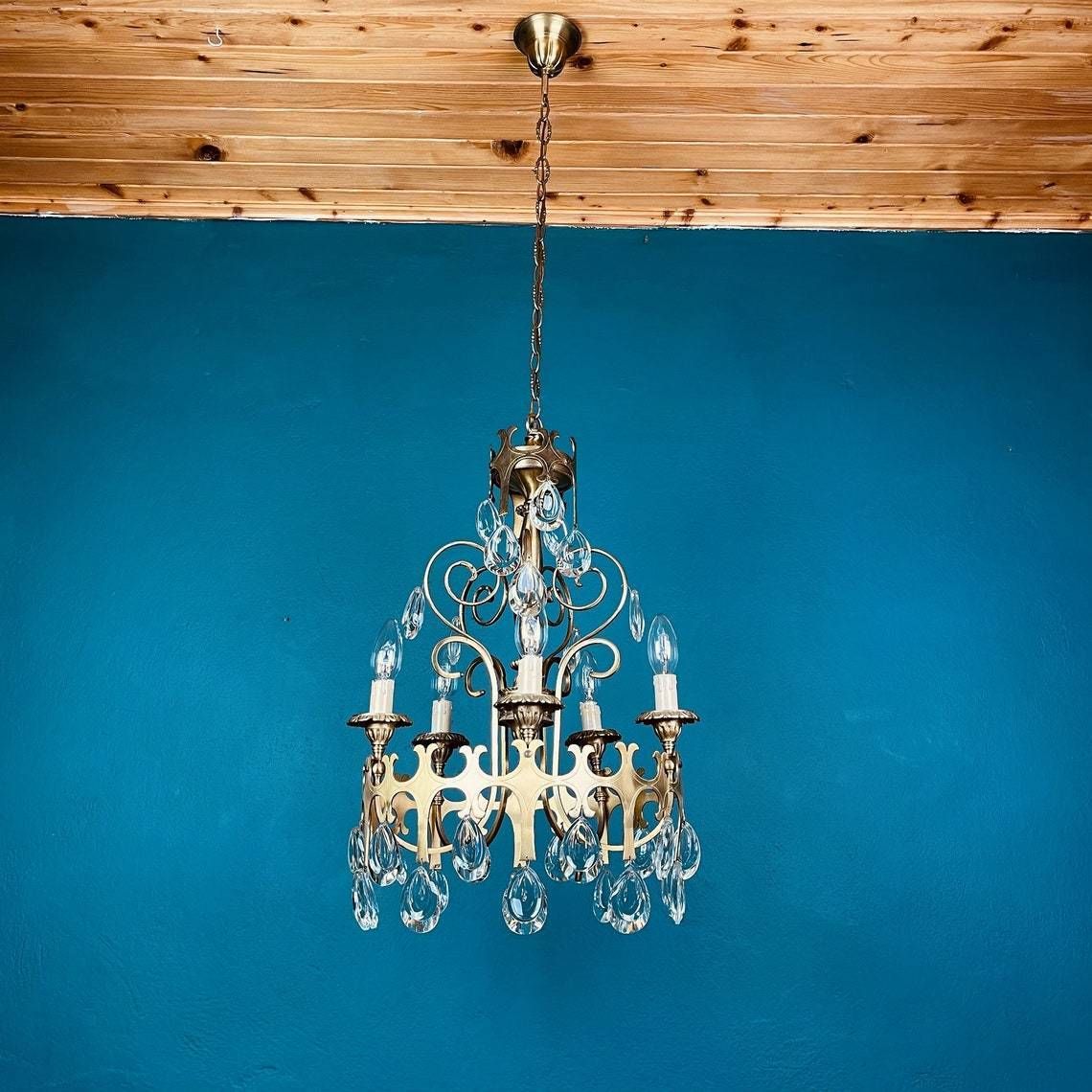 photo for sale Vintage Chandelier With Crystal Drops Italy 1960s 5 Arms Bronze And Crystal Italian Chandelier