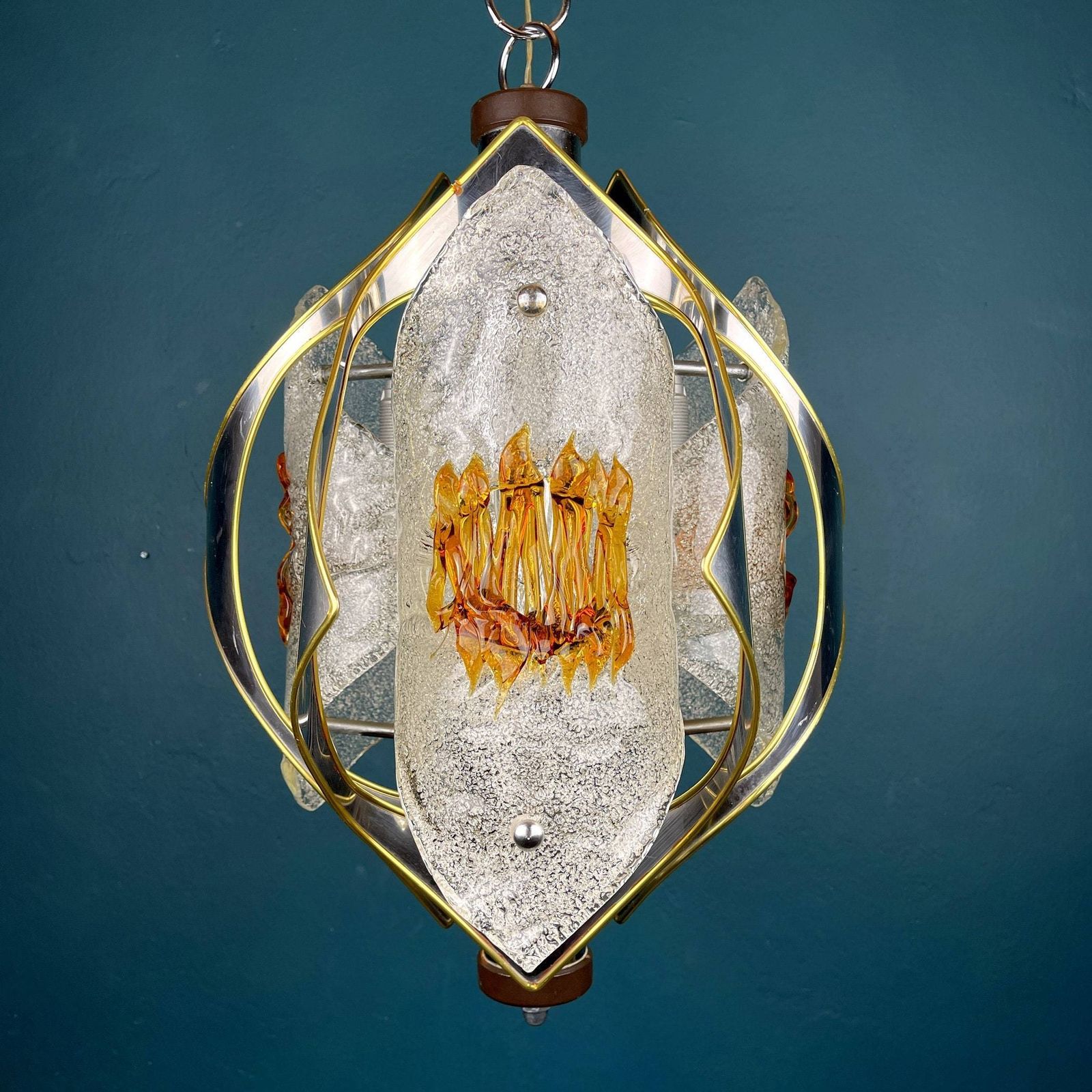 Mid Century Amber Murano Chrome Hanglamp Mazzega By Toni Zuccheri, Italië, Ca. Jaren 1970, Space Age Sputnik Atomic Design photo furniture