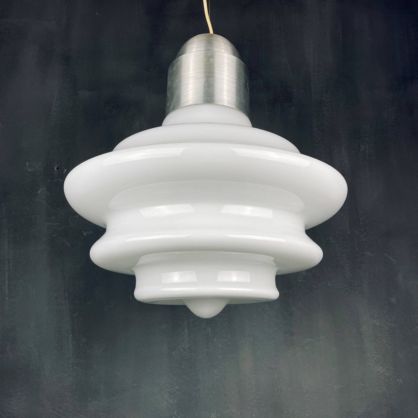 Large Mid Century Opaline White Glass Handing Lamp Italy 1960s Art Deco Italian Modern