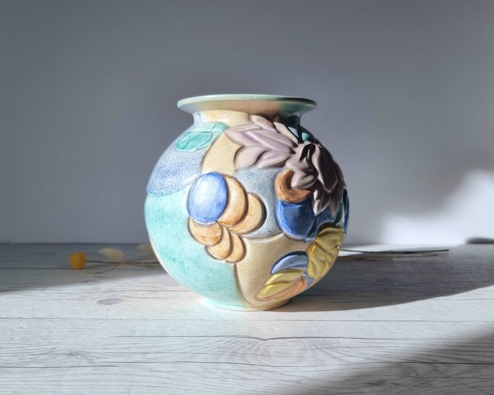 photo for sale Beswick Pottery, Art Deco Satin Matt Sherbet Palette Glaze Carved Globe Vase, British, 1930 40s