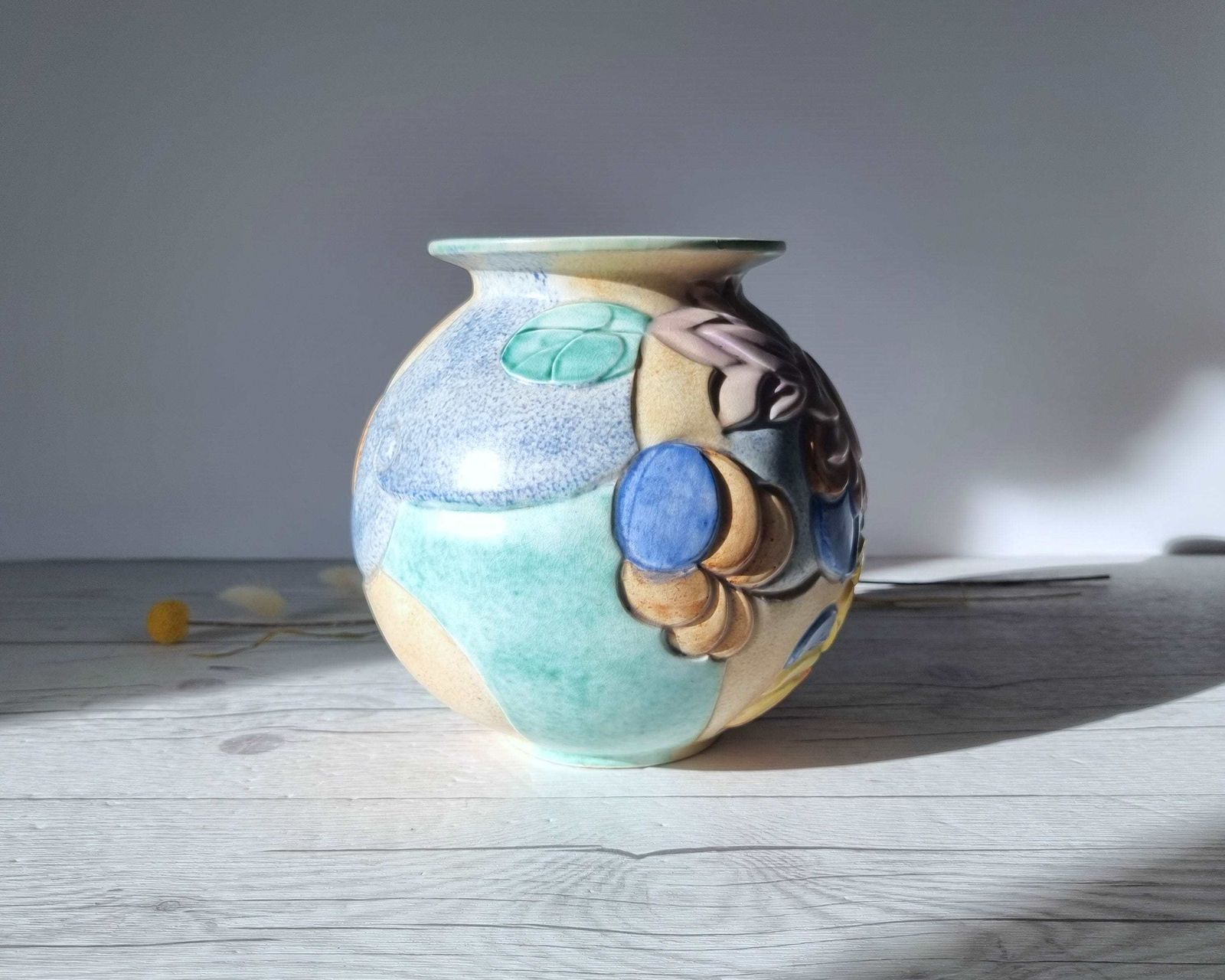 photo buy Beswick Pottery, Art Deco Satin Matt Sherbet Palette Glaze Carved Globe Vase, British, 1930 40s