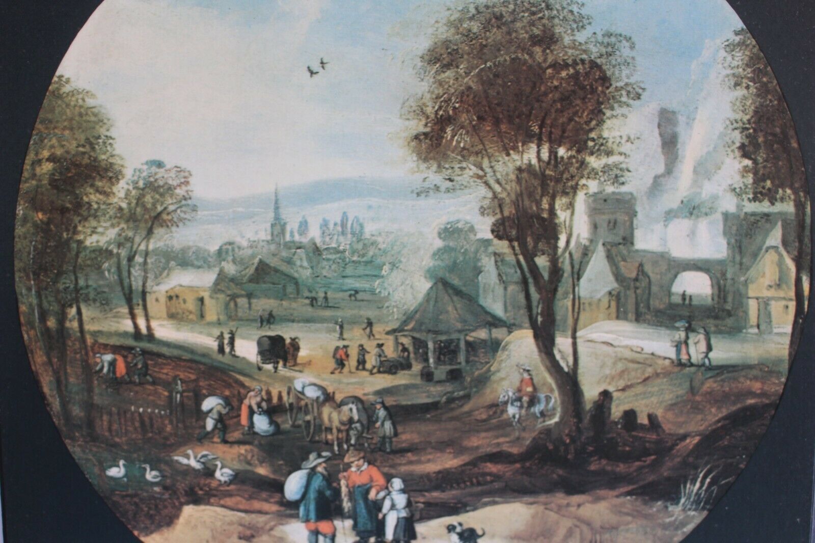Vintage 19th C. Handcrafted Set Of 4 Wooden Old Villages Print Art Work 30 Cm photo vintage