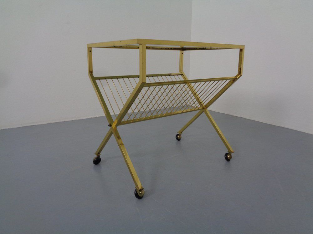 French Brass & Glass Cart With Magazine Rack, 1960s photo vinterior
