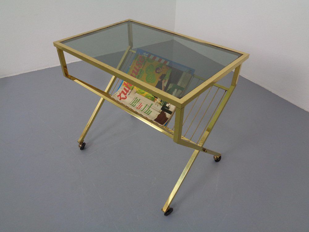 French Brass & Glass Cart With Magazine Rack, 1960s photo vintage