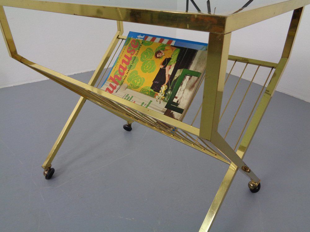 photo vinterior French Brass & Glass Cart With Magazine Rack, 1960s