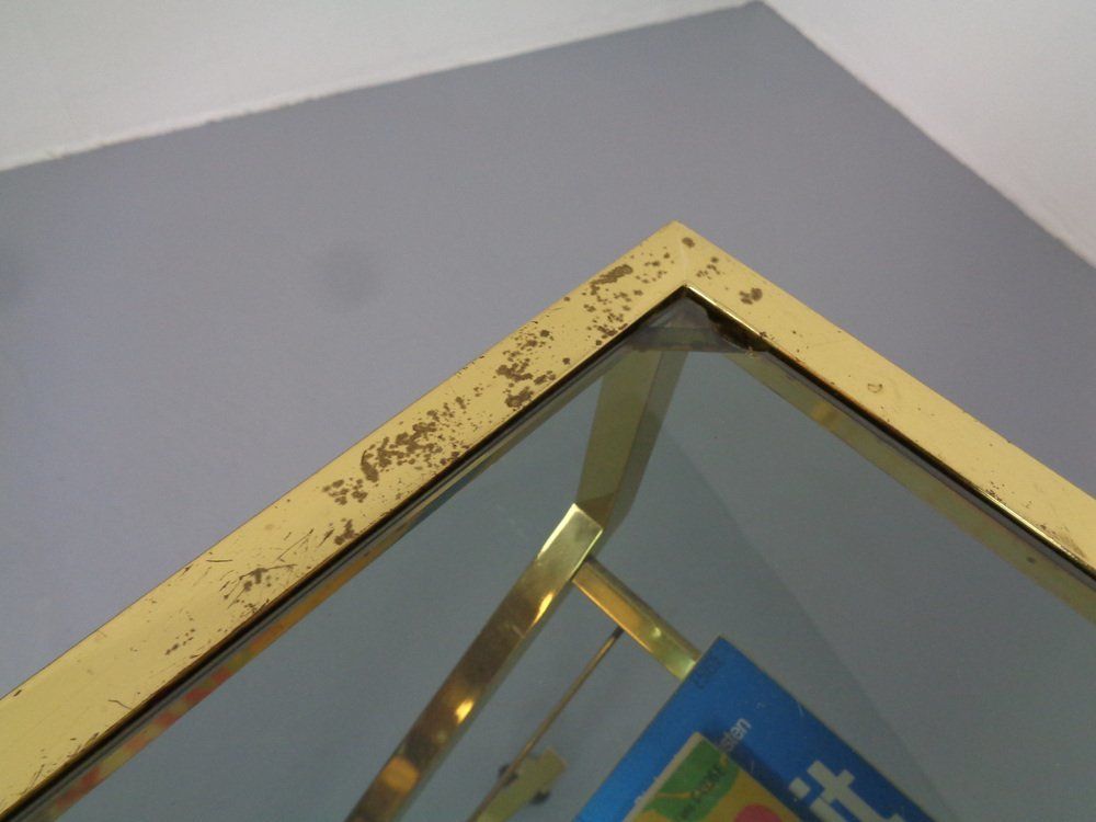 photo vintage French Brass & Glass Cart With Magazine Rack, 1960s