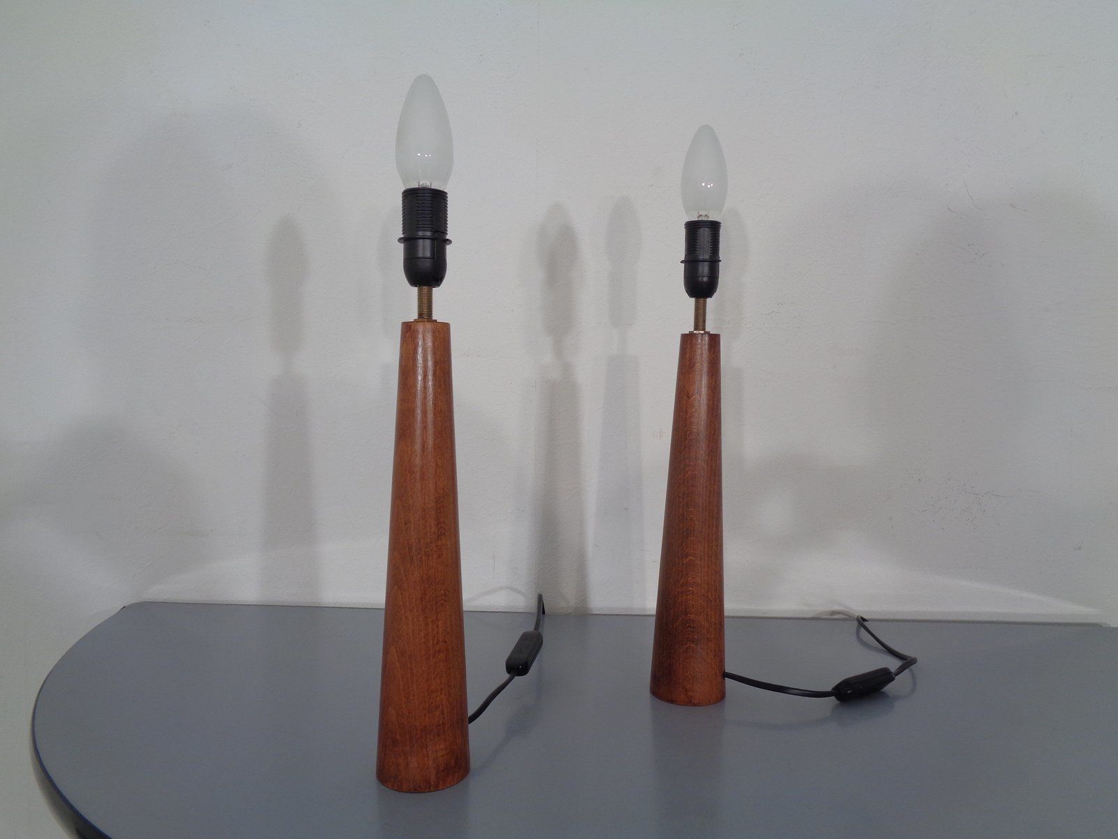 Mid Century Filigree Danish Teak Table Lamps, 1950s, Set Of 2 photo vinterior