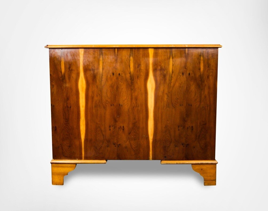 Antique Queen Anne Style Burr Wood Double Pedestal Kneehole Desk With Key photo vintage