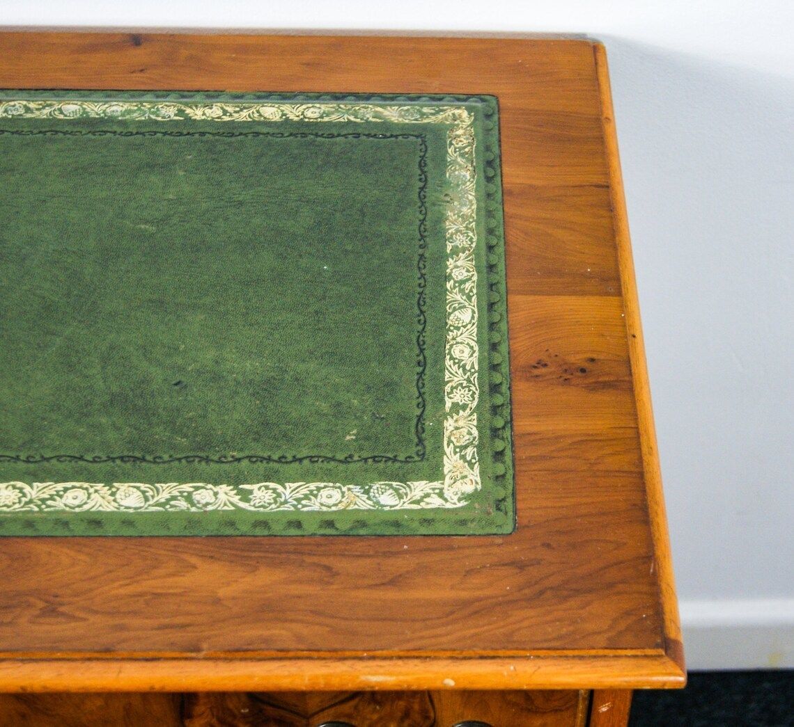 photo for sale Antique Queen Anne Style Burr Wood Double Pedestal Kneehole Desk With Key