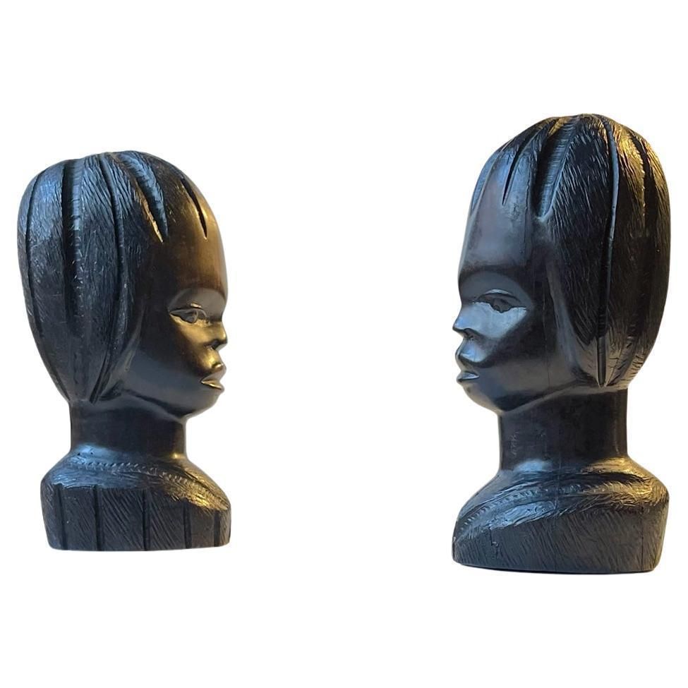 Vintage African Carved Bust's Girl And Boy In Ebony 1970s
