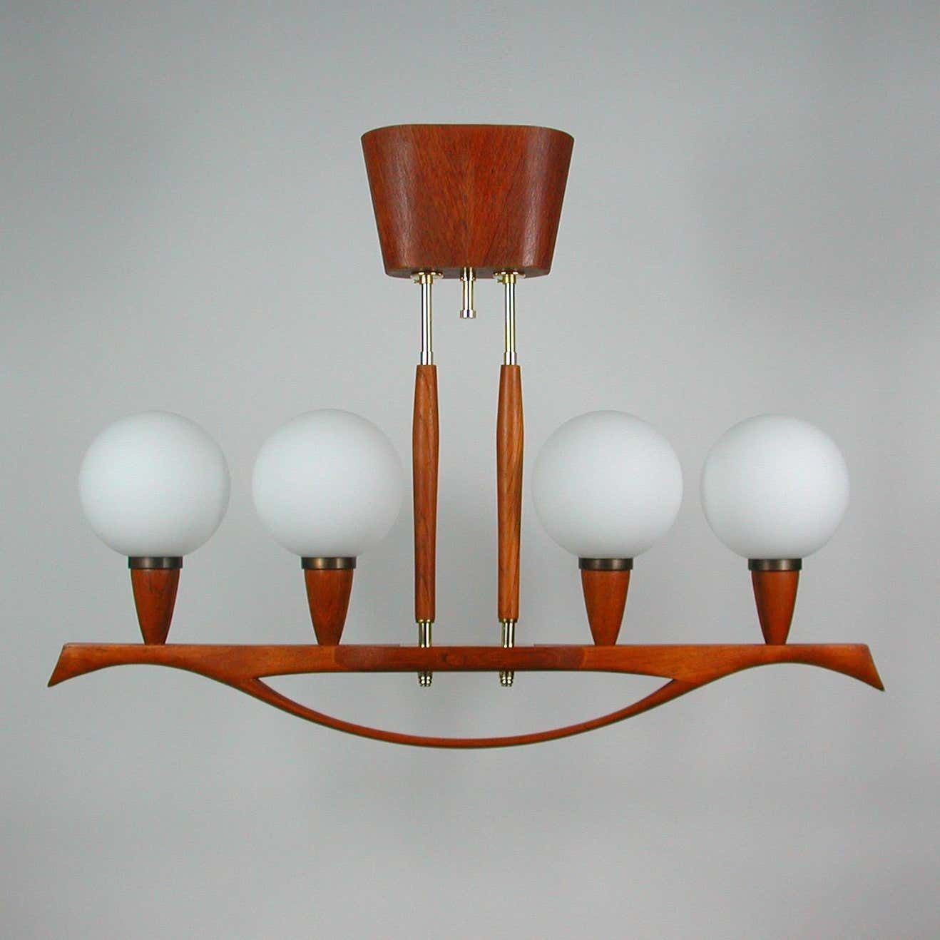 Midcentury Swedish Modern Teak And Satin Glass Chandelier, 1960s photo furniture