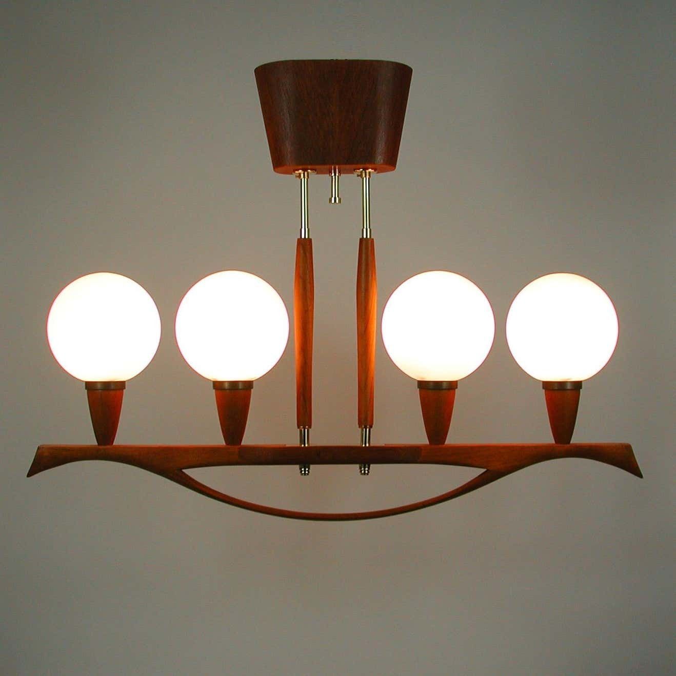 Midcentury Swedish Modern Teak And Satin Glass Chandelier, 1960s photo for sale
