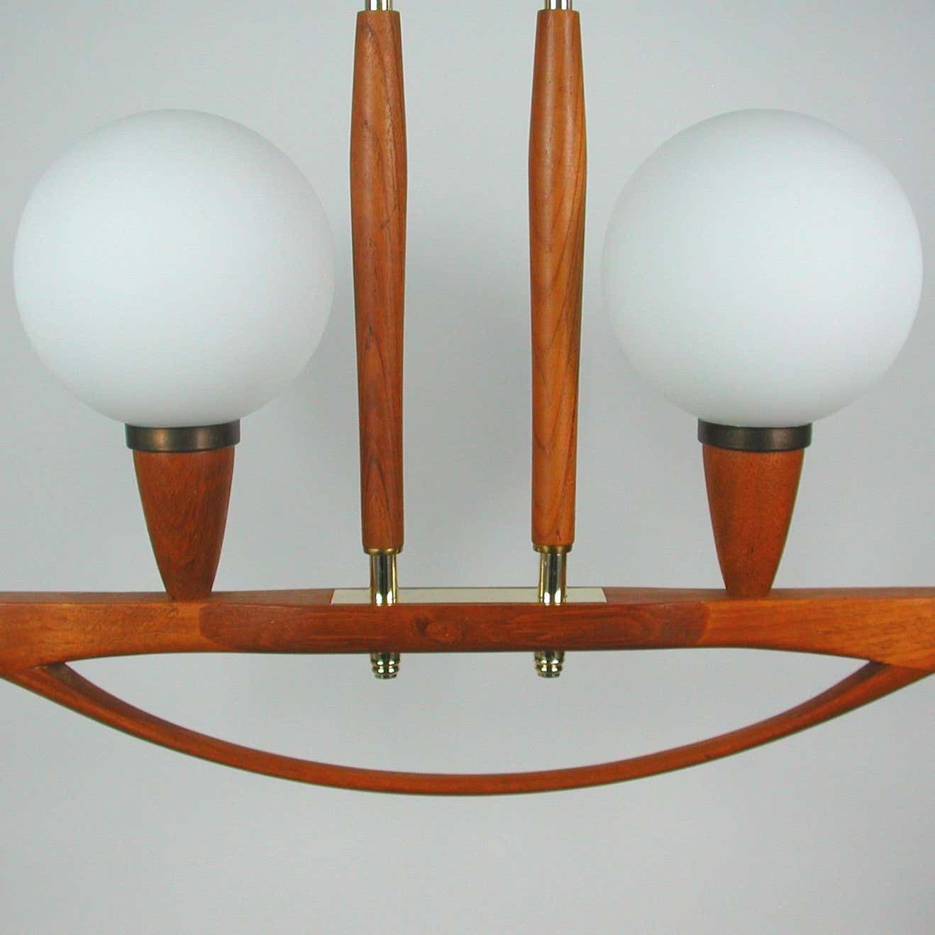 Midcentury Swedish Modern Teak And Satin Glass Chandelier, 1960s photo vintage