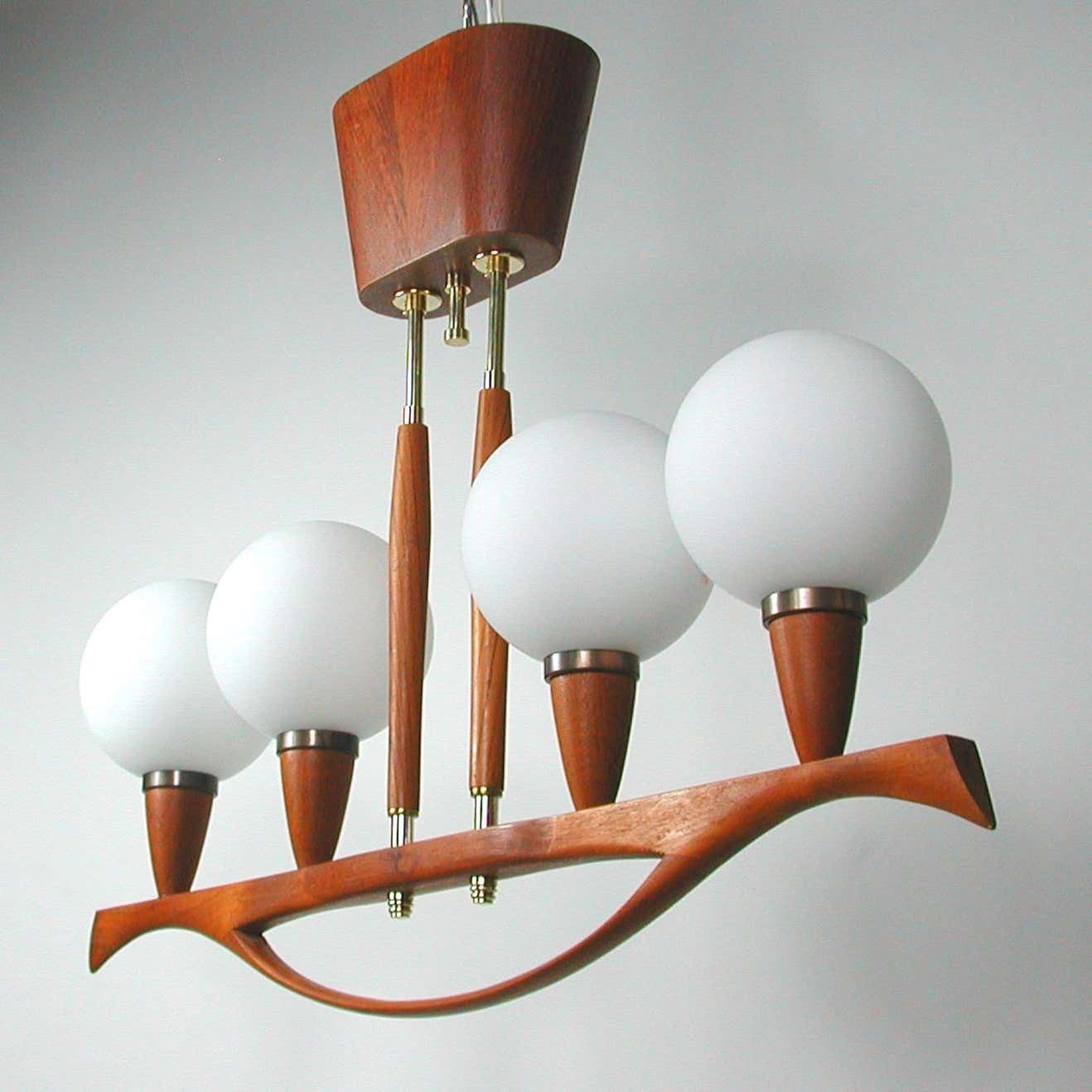 photo vintage Midcentury Swedish Modern Teak And Satin Glass Chandelier, 1960s